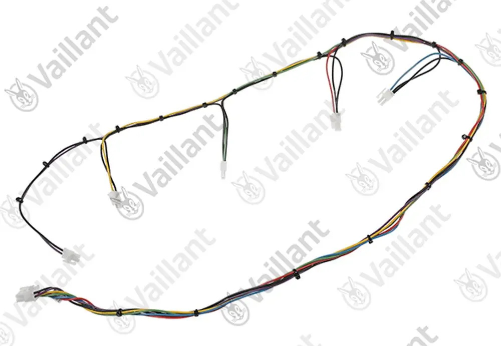 Vaillant Kabelbaum mit mehreren farbigen Drähten und Steckern, angeordnet in einer geschlungenen Form, geeignet für elektrische Verbindungen.